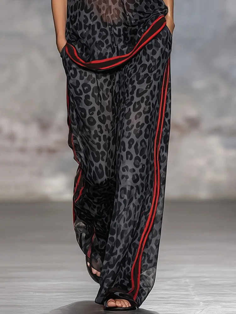 Bonboho Women's Leopard Print Red Side Stripe Wide Leg Pants Elastic High Waist Casual Loose Trousers Daily Streetwear Pants