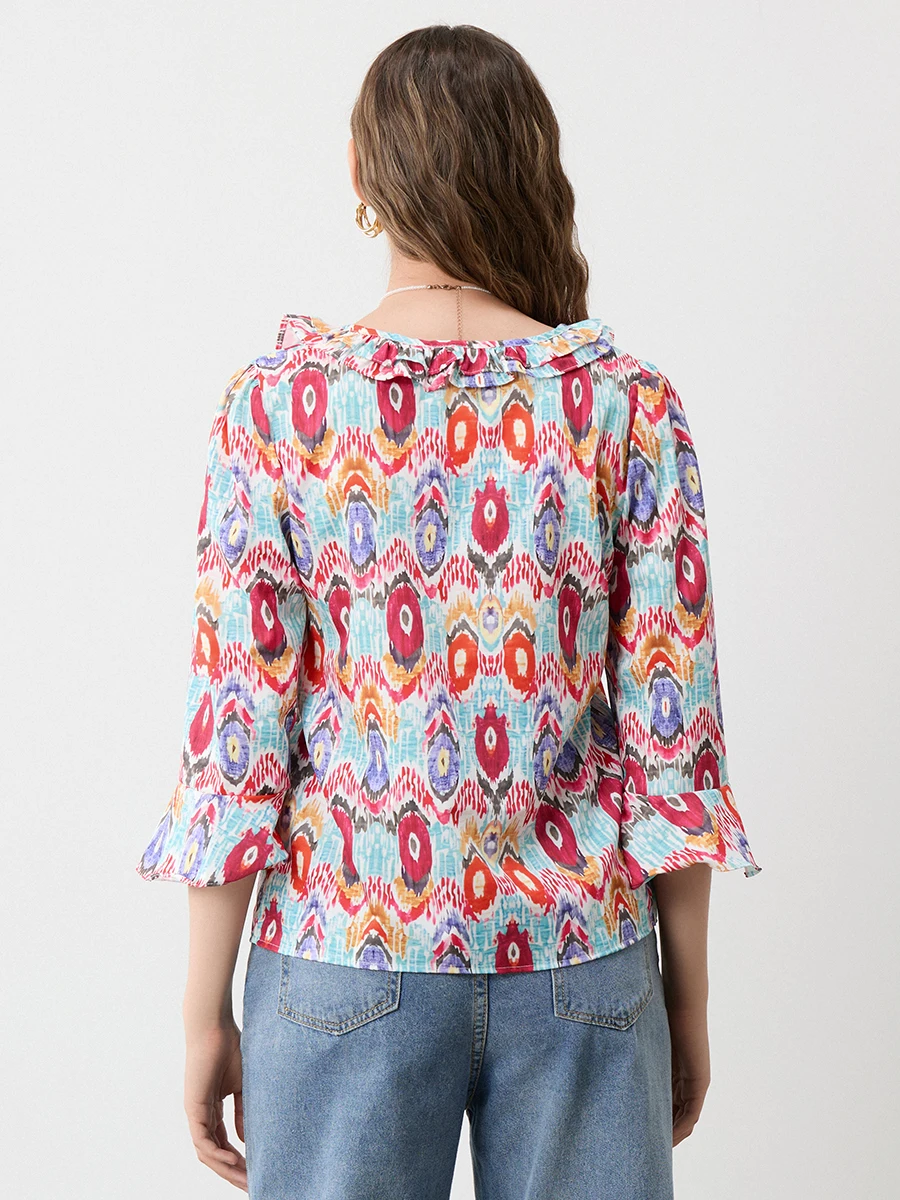 Dames Shirt Met Kleurrijke Patroonprint Flare Halve Mouw Strik Voor V-Hals Losse Blouse T-Shirts Met Halve Mouwen