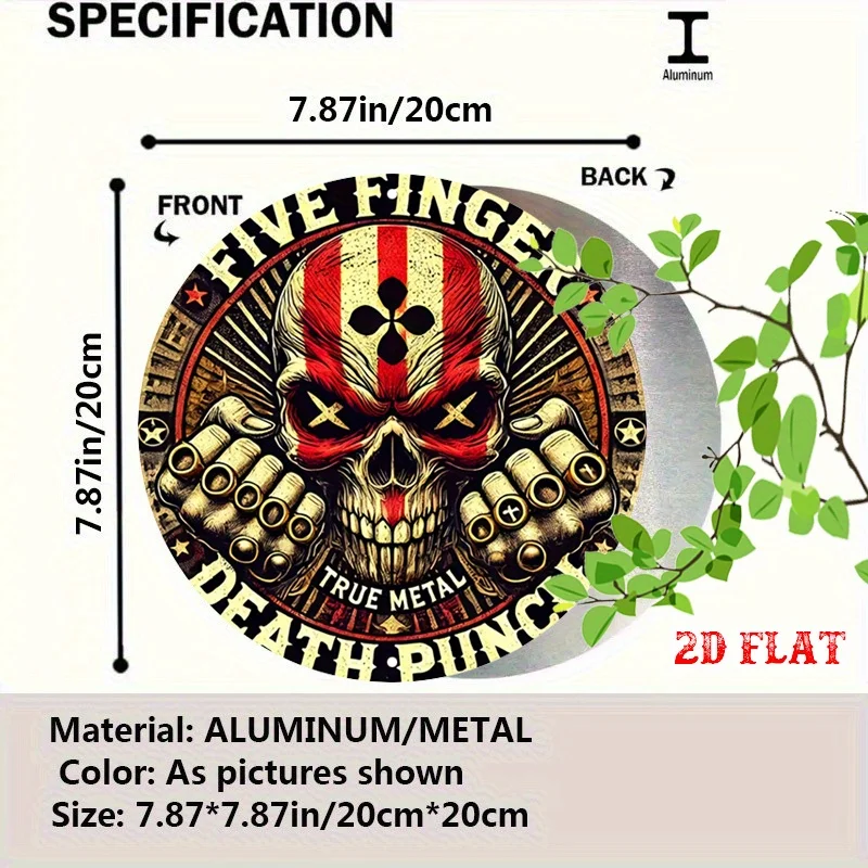 2D Flat, 1pc Five Finger Death Punch Official Band Logo Round Aluminum Sign - 7.87x7.87 Inch Rustic Metal Wall Art with Bold Ske