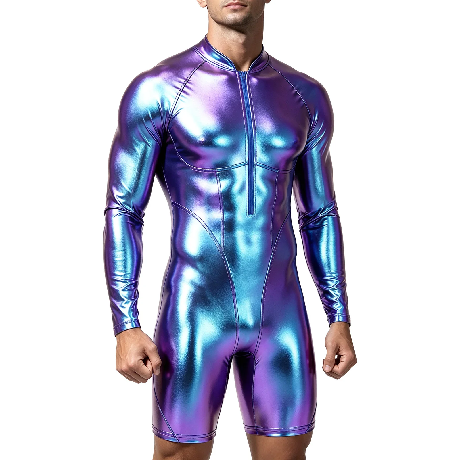 Traje de Baño Metálico Brillante para Hombre, Estilo Clubwear, Cuello Alto, Manga Larga, Pantalones Cortos, Mono de Una Pieza para Discoteca, Baile, Gimnasia