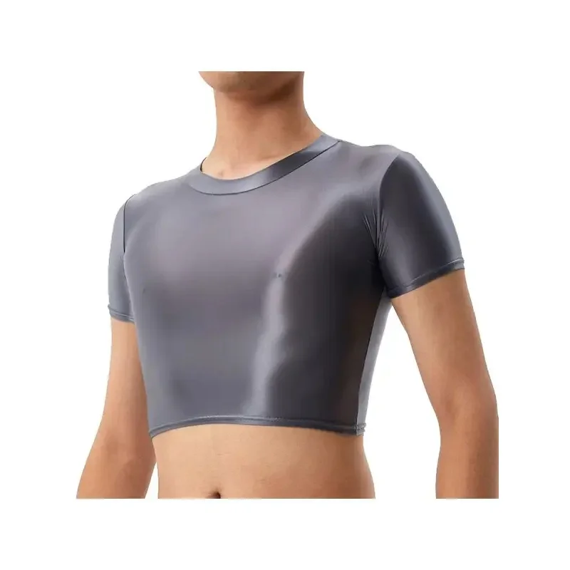 Sexy Men's Short Top Oil Glossy Shiny Tight T-shirt Sheer See Through Elastic Breathable Pajamas Cool Men's Night Shirts
