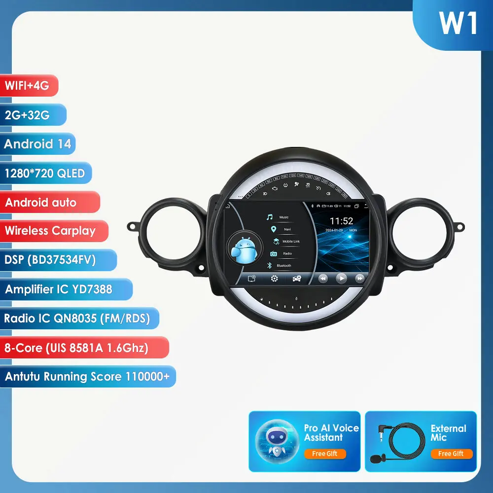 Hizpo 9'' Carplay 4G Android autoradio voor BMW Mini Cooper R56 R60 R51 2006-2014 Multimedia Videospeler AI Intelligente Systemen