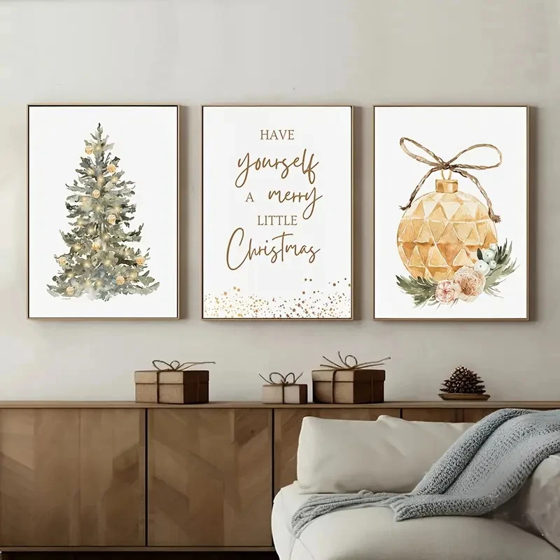 

3pcs/Set Retro Watercolor Gold Decorative Items, Happy Quotes, Festival Canvas Poster Wall Art, Christmas Home Decoration