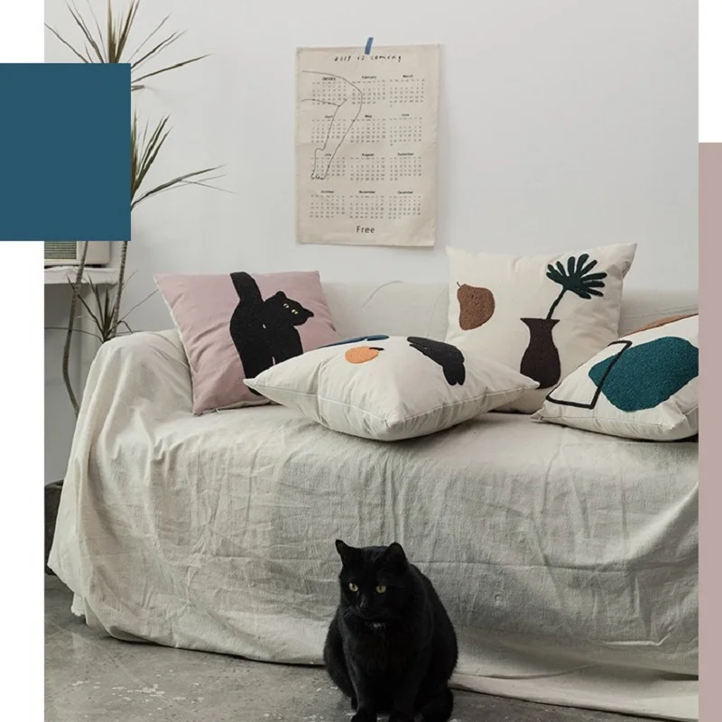 Ins Cat Pillow Three-Dimensional Embroidery Decorative Pillowcase Sofa Home and Decoration Cushions Living Room Pillow Cover
