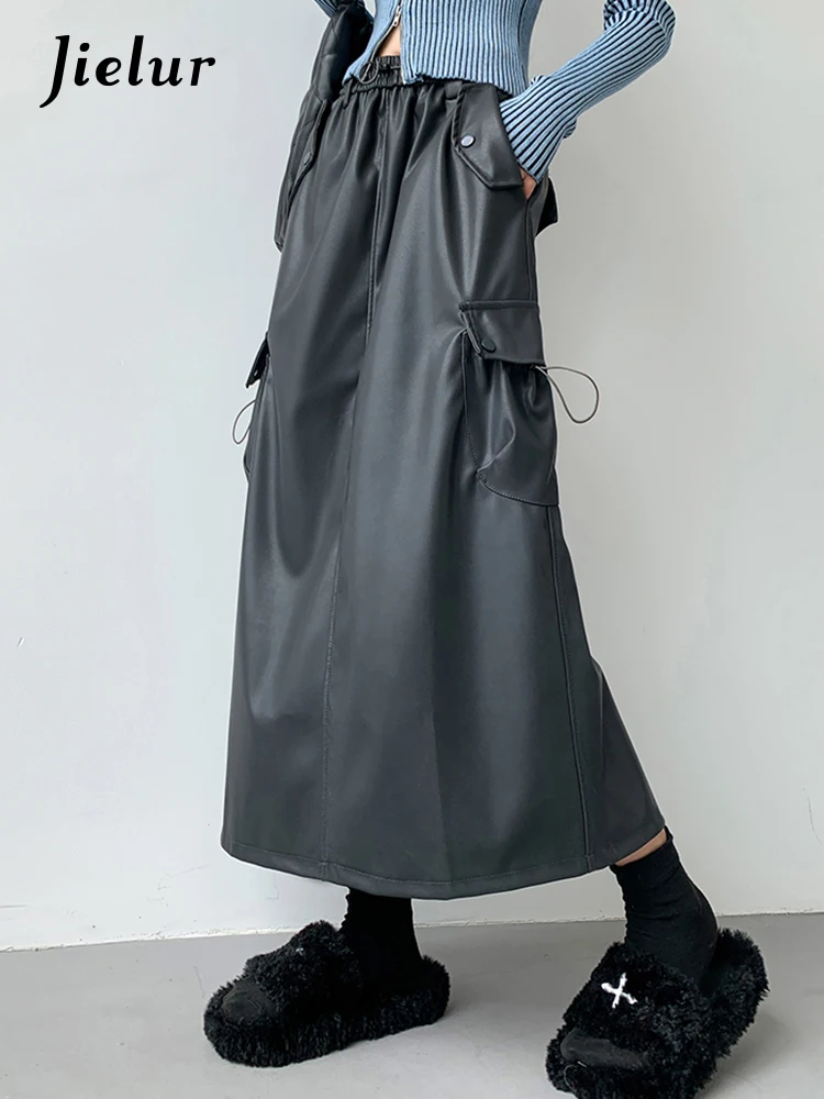 

Jielur Summer Grey Drawstring Elastic Waist Pu Women's Midi Skirts Office Lady Slim A-line Split Solid Color Female Cargo Skirt