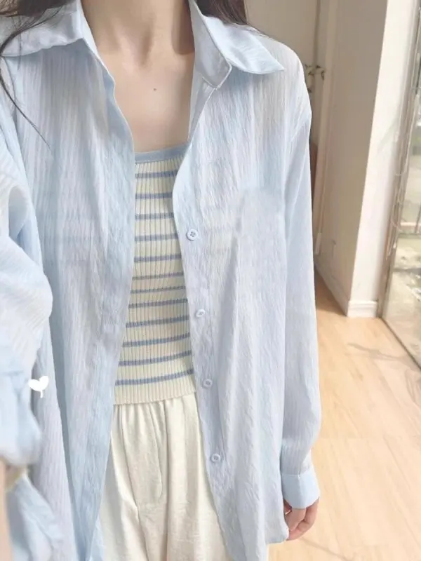 

Blue Thin Long Sleeve Sun Protection Shirt Women's Loose Slimming Shirt Early Spring New Style French Style Pure Color Button...