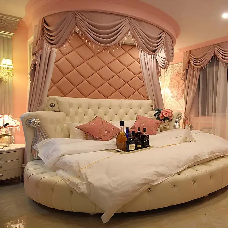 (1 سرير + 2 حامل ليلي + مرتبة)/مجموعة أثاث غرفة نوم منزلية بتصميم أوروبي مستدير ناعم