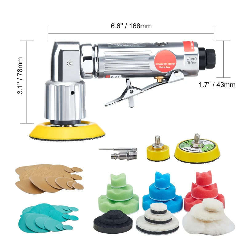 1/2/3 Inch Random Orbital Air Sander, High-Speed 15000RPM Mini Pneumatic Sander for Auto Body Work, 58PCS Air Powered Sander Kit with Sandpapers, Wool Pad, Wavy Sponges - view 6