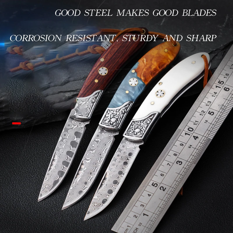 Hot selling pocket folding knife Damascus steel high hardness outdoor knife self-defense portable fruit outdoor camping knife