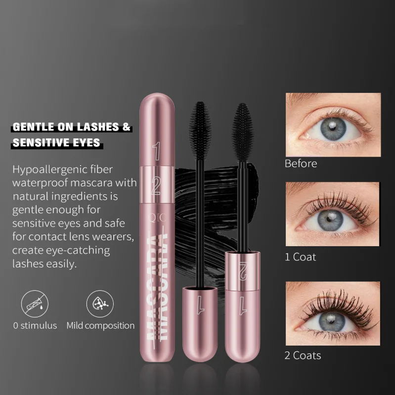 New Rose Gold Double Effect Elongation Mascara Dense and Slender 2 in 1 Waterproof and Non Smudging Curled Mascara Makeup Tools