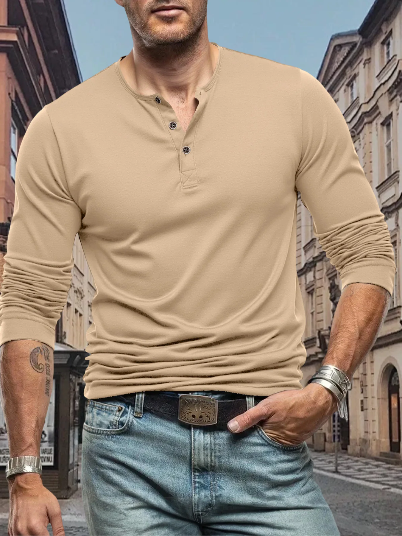 Men's T Shirt Long Sleeve Tops Street Tees Henley Neck Button Sports T-Shirt Solid Color Casual Slim Fit Tee Fitness Cozy Top image 6
