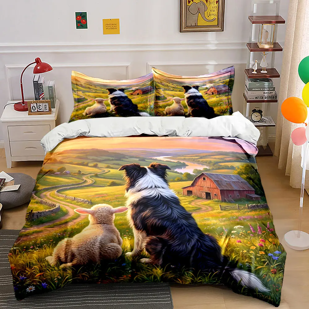 Pastoral Scenery Cartoon Animal Print Bedding Set 1 Duvet Cover 2 Pillowcases for Adult and Children Luxury Gift Full Size