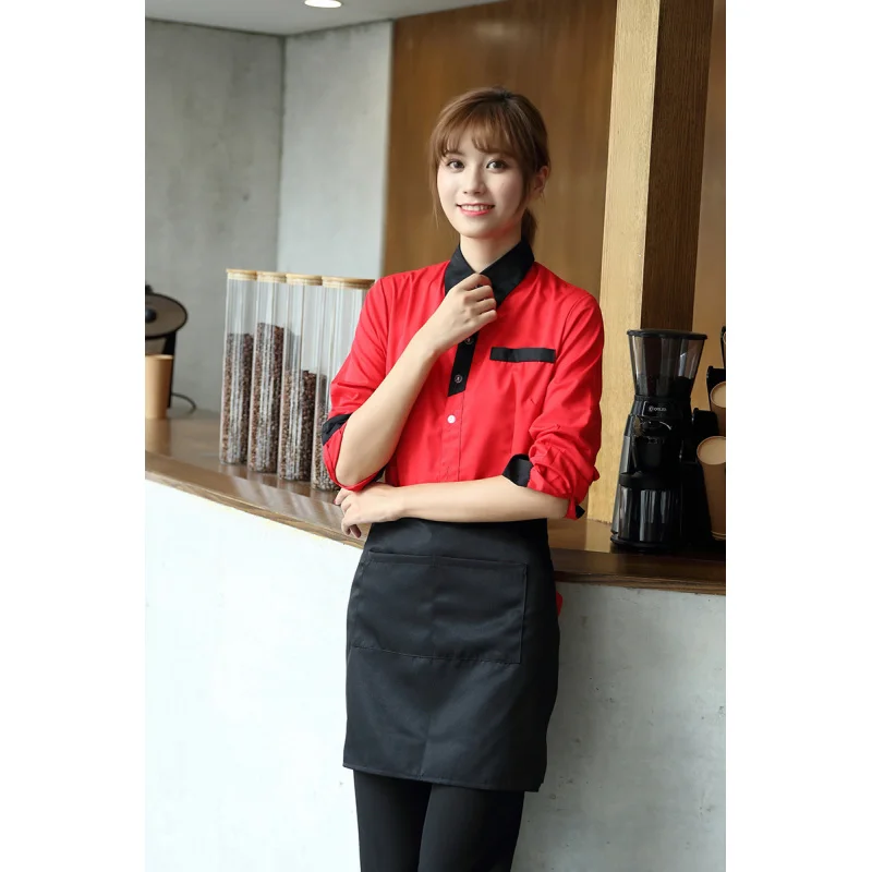 زي عمل نادل المطاعم قميص نسائي طويل الأكمام مطعم غربي مقهى تقديم الطعام الحلوى الحليب الشاي شواء متجر الخريف