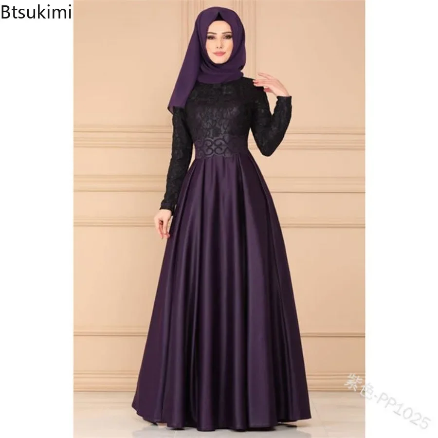 Fashion Lace Patchwork Abayas Muslim Maxi Dress for Women Ethnic Style Elegant Party Evening Dress Ladies Vintage Robe Vestidos