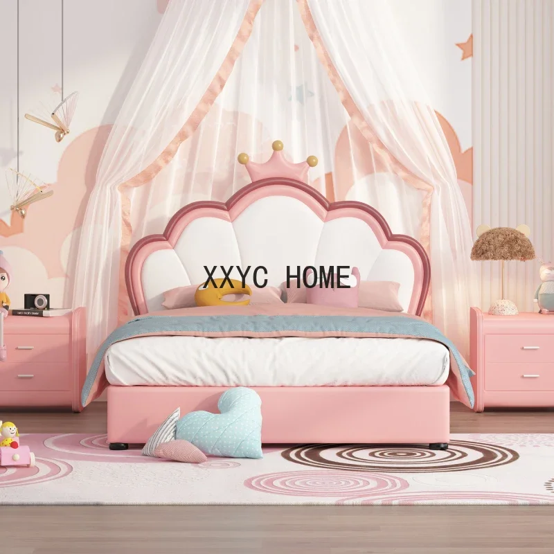 Double child bed with crown shaped headboard, modern luxurious PU leather baby bed frame, cute girl single bed, teenage bed