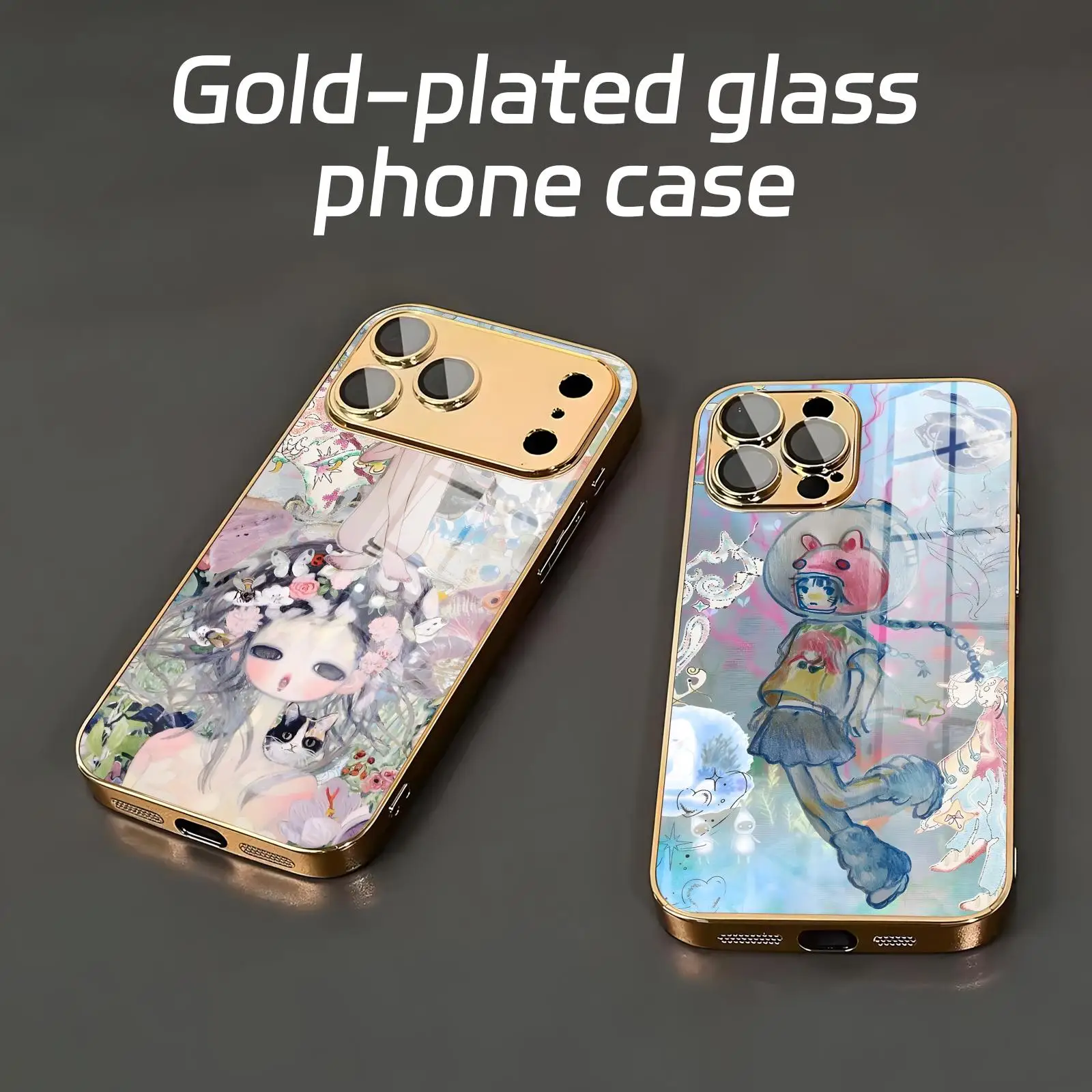 Japanese painting style  Phone Case For iPhone17 16 16e 15 14 13 12Plus Mini Pro Max Electroplated glass Phone Case