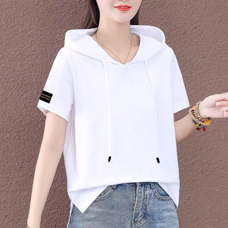 Pure Cotton Hoodie T-shirt Women  Color Short Sleeve Summer New Loose Slimming Top Cover Belly Half Sleeve Casual Wear