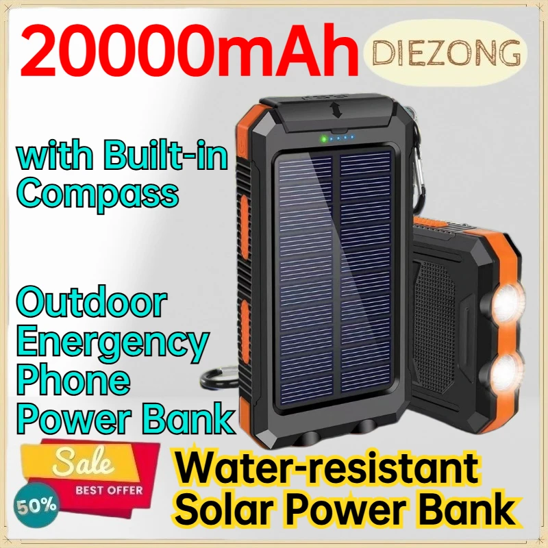 20000mAh Water‑resistant Solar Power Bank for IPhone Android Phone Outdoor Emergency Phone Power Bank with Built‑in Compass