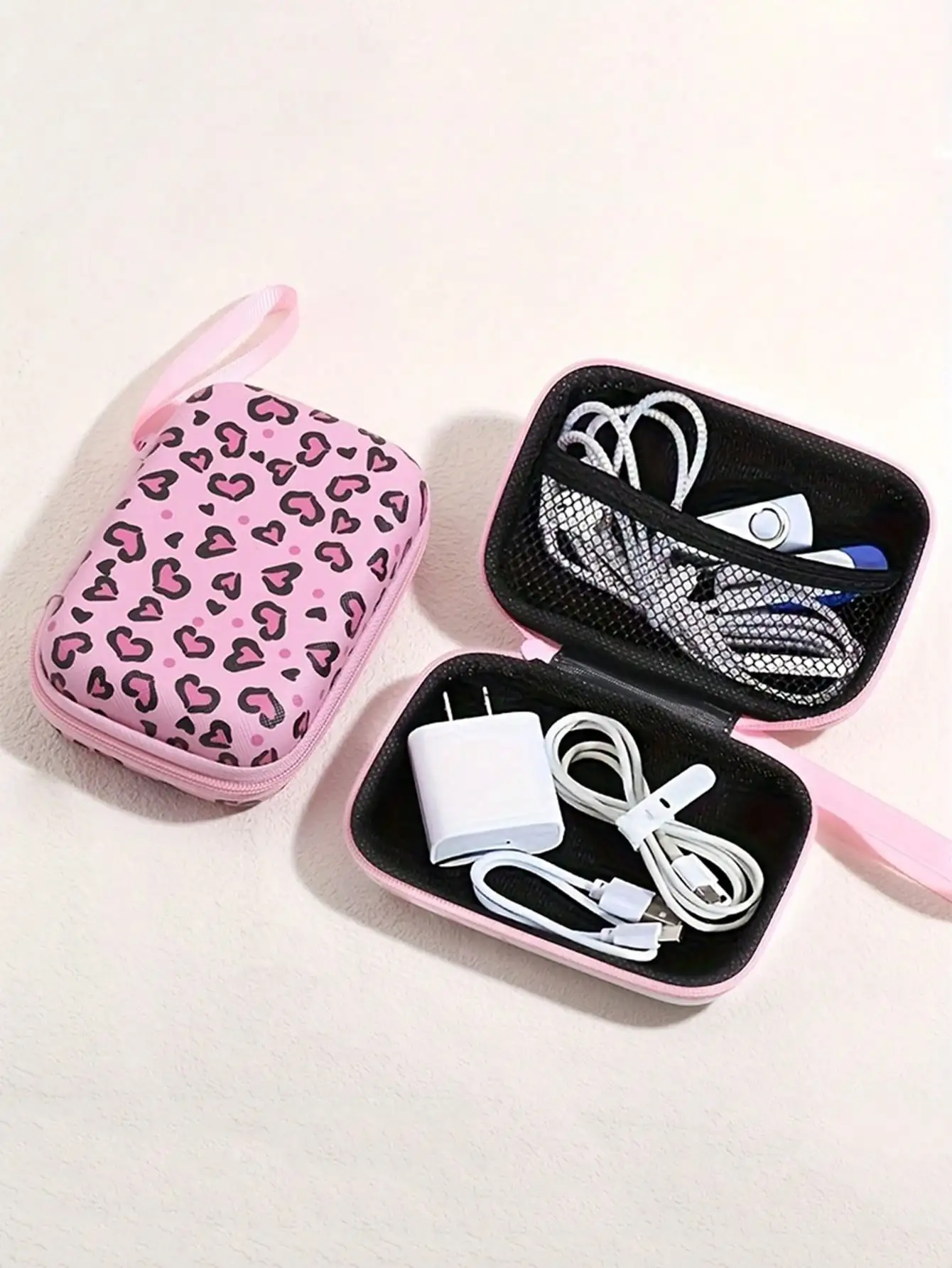 

Pink Heart Print EVA Travel Organizer Case for Cables, Chargers & Earphones