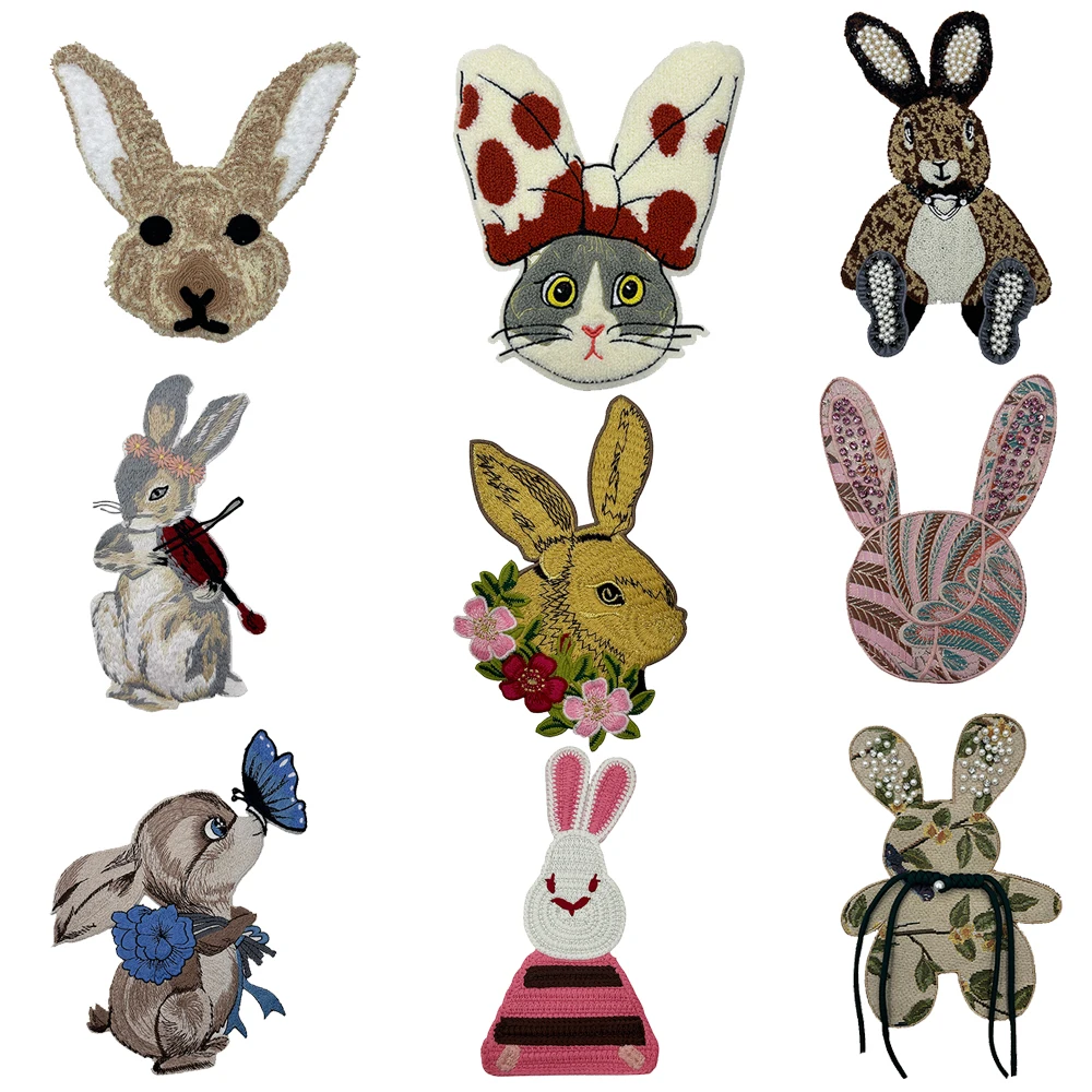 Cartoon Cute Pearl Rhinestone Rabbit Embroidery Stickers DIY T-Shirt Down Jacket Sweater Clothing Hole Repair Patch Stickers