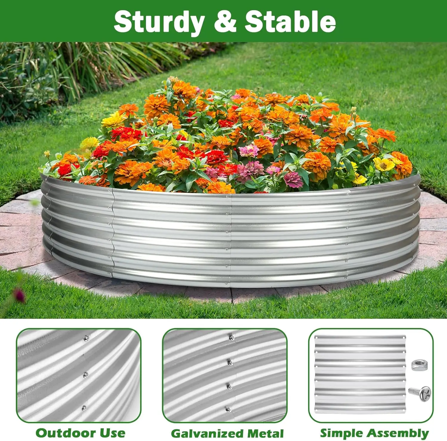 4x4x1 foot outdoor circular galvanized elevated garden bed, steel fire pit ring flower pot, large metal aboveground box