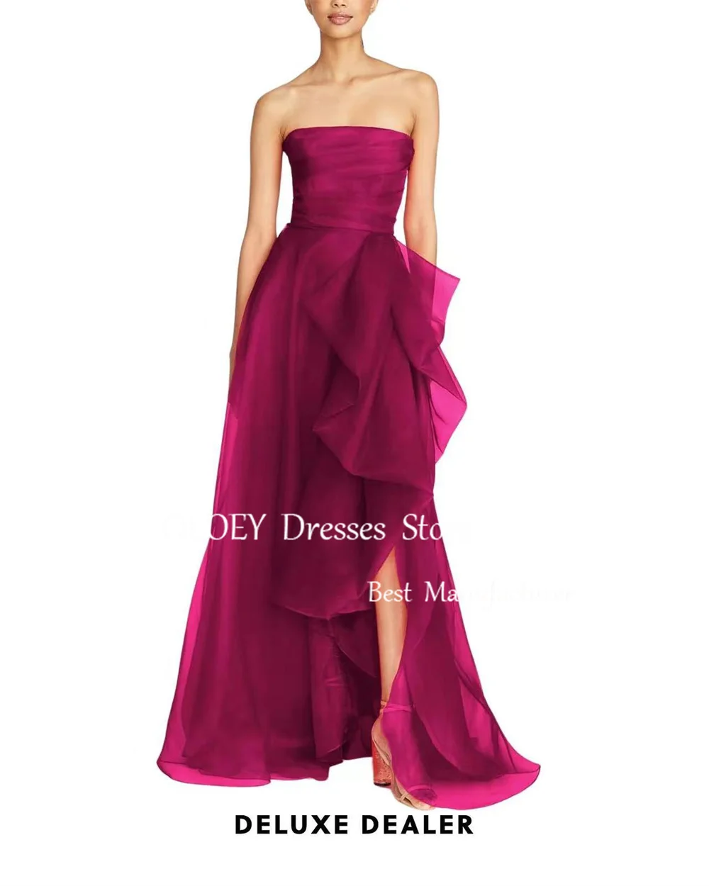 OLOEY Elegant Red Evening Dress Side High Slite Strapless Floor-length Multi-layered Wedding Party Dress Vestidos De Noche