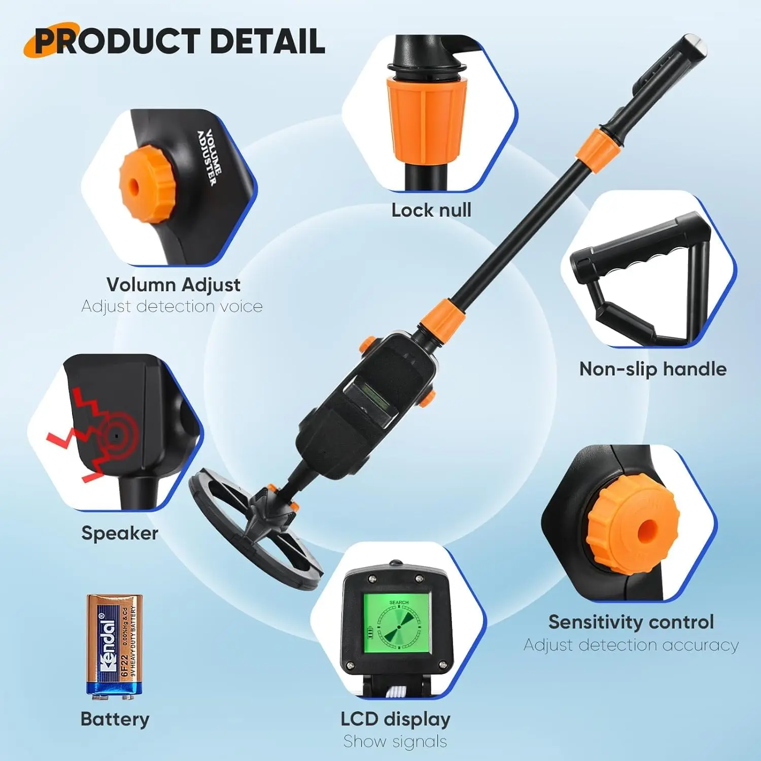 Metalldetektor für Kinder, wasserdicht, mit LED-Anzeige, Schallanzeige, Rechen, Schaufel und Taschen für die Schatzsuche, Goldgräber