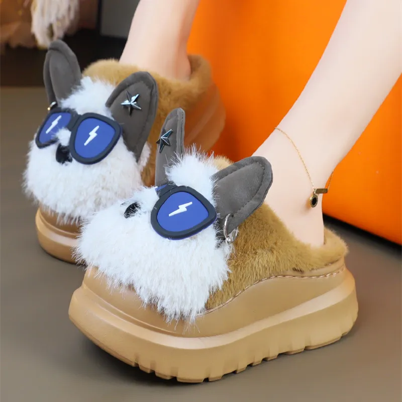 

New cartoon glasses dog slippers women 6 cm high heel indoor fluffy shoes woman winter platform furry slides ladies mules clogs