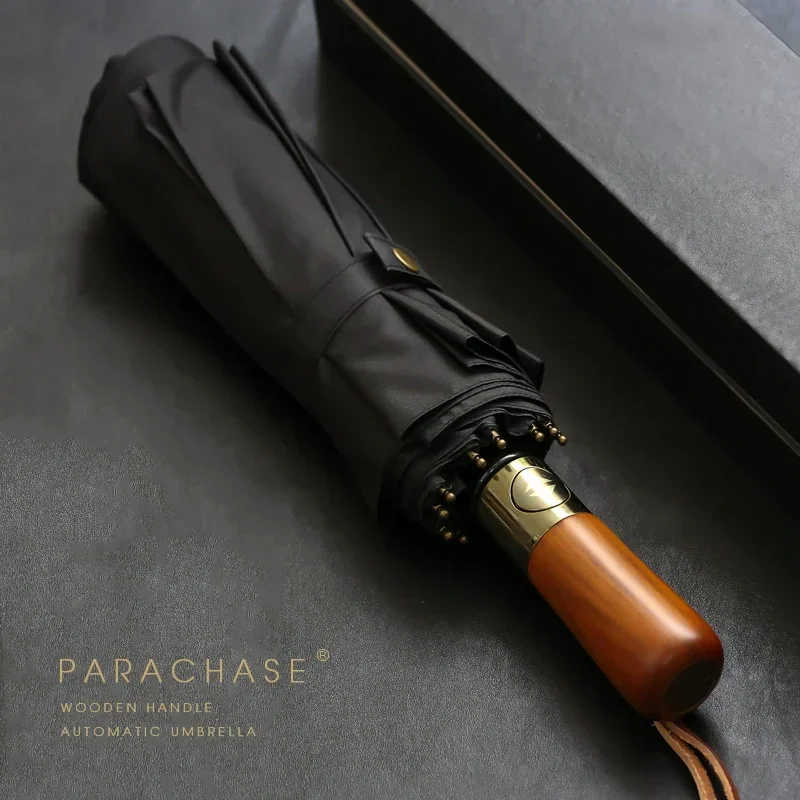 72 Bones Fully Automatic Umbrella for Men\'s Large Foldable Black High-end Business Wooden Handle Umbrella