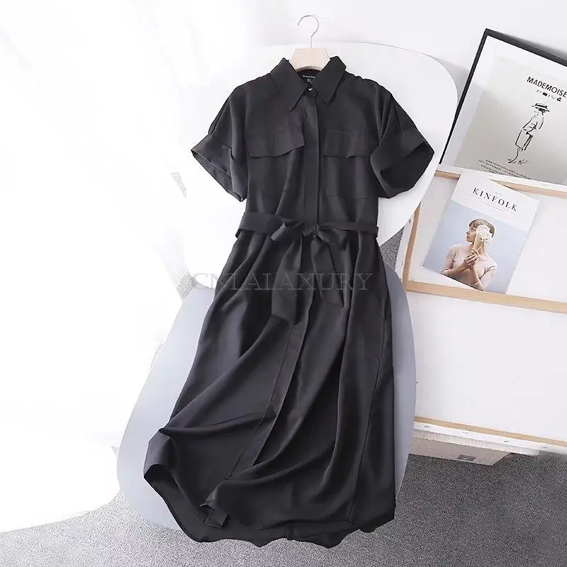 CNlalaxury party dress for women 2022 new summer French Office Lady short sleeve high waist with belt midi shirt dresses Female