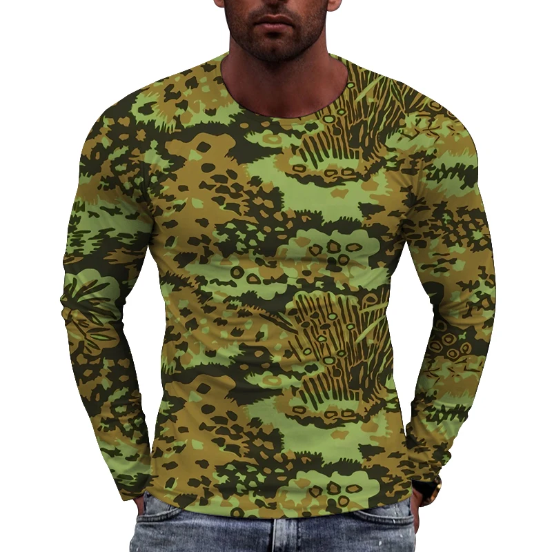 New European Camouflage Picture  Men long sleeved T-shirt Casual Printed Tees Hip-hop Personality Round Neck Quick-Dry Tops