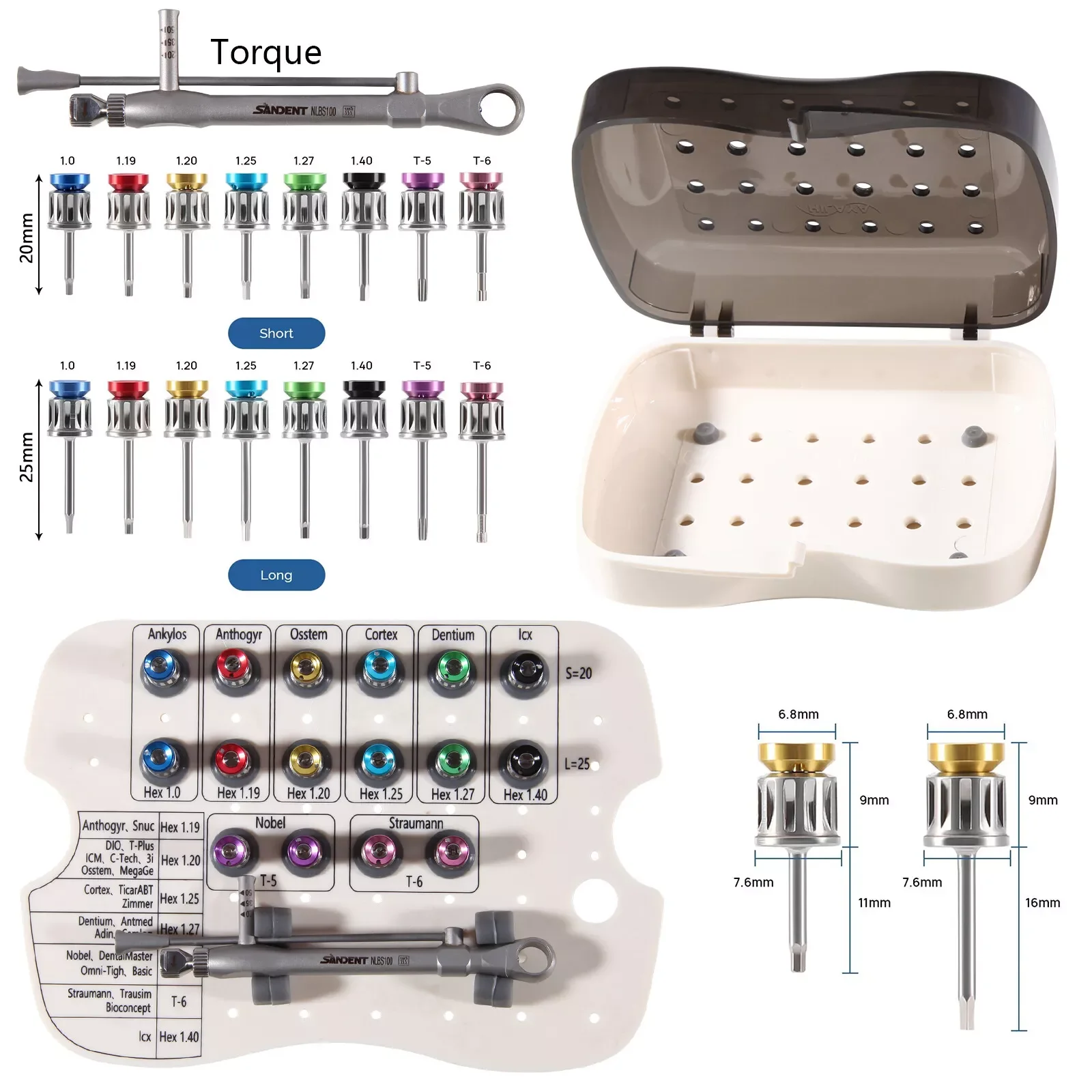 Universal Dental Implant Prosthetic Kit Torque Wrench Manual Screwdriver 16 Drivers Box