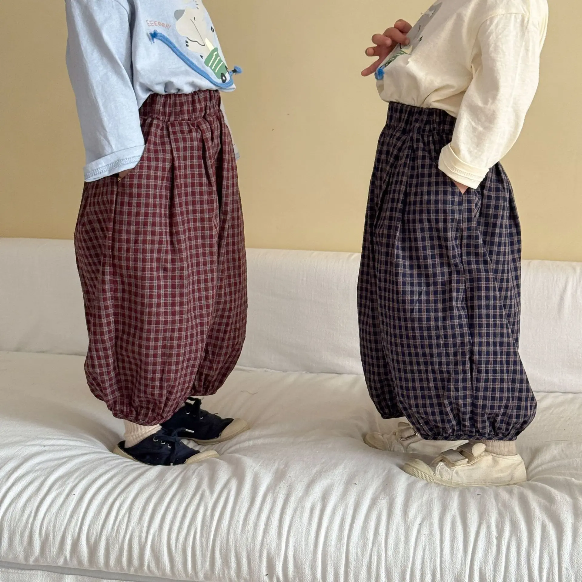 2026 Autumn New Children Loose Trousers Cotton Girls Plaid Lantern Pants Boys Versatile Casual Pants Kids Clothes