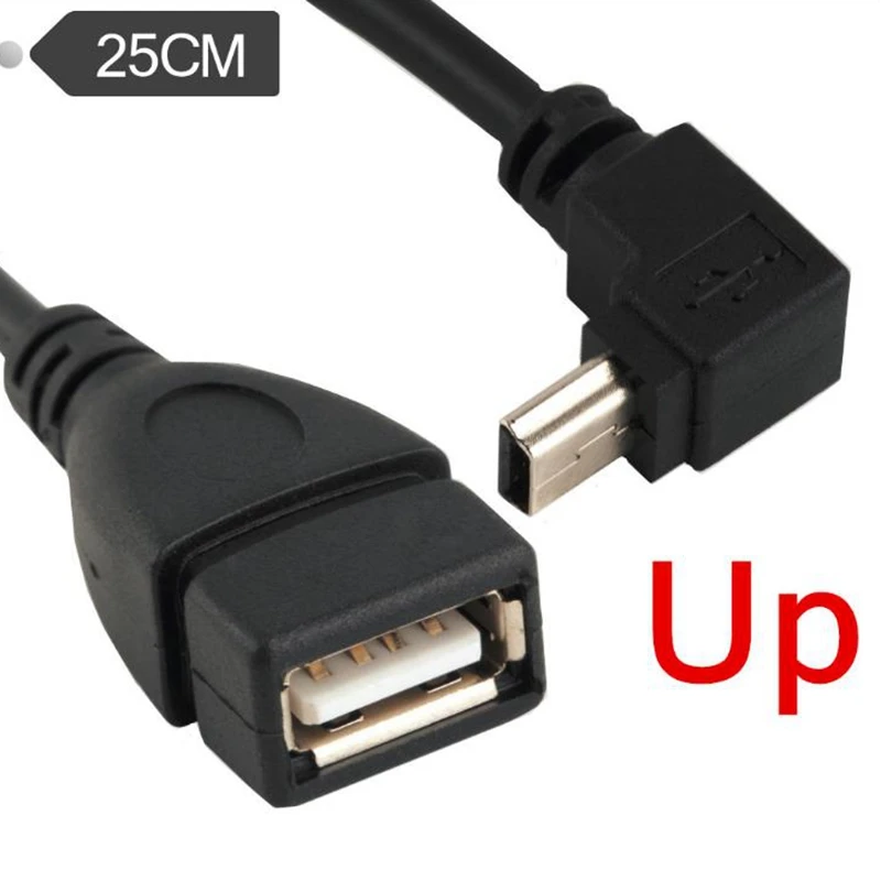 25CM USB A Female Head to Mini USB B Male Head 90 Degree Cable Adapter 5P OTG V3 Port Data Cable for Car Audio Tablet MP3 MP4