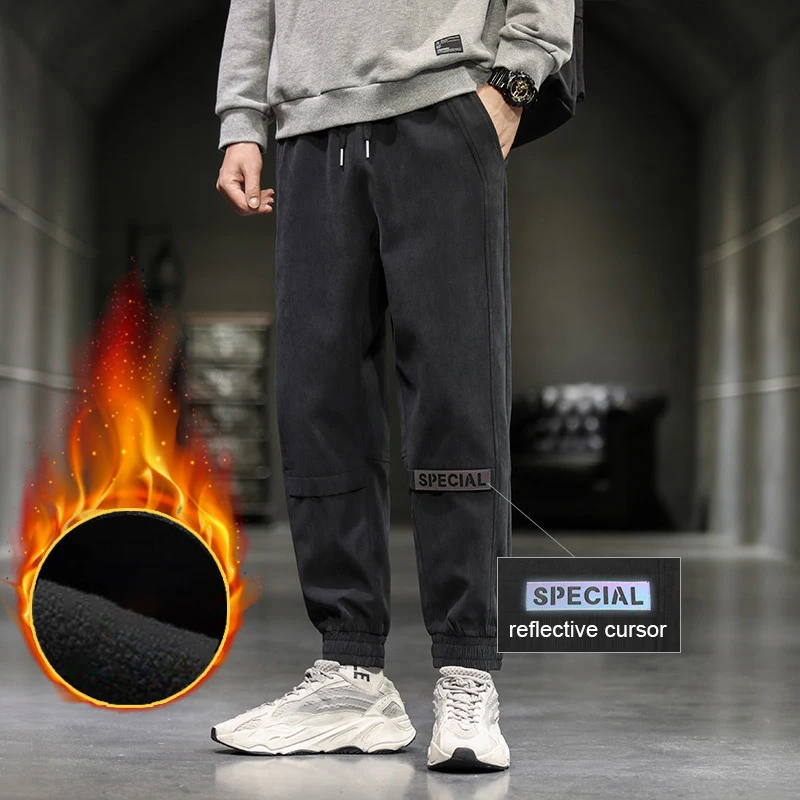 Calças de lã engrossadas masculinas casuais esportes calças de carga macacão outono inverno calças casuais cintura elástica joggers sweatpants