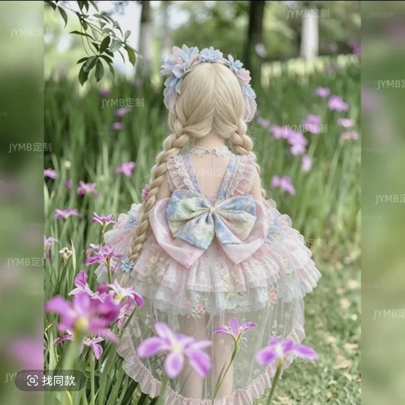 Baby Girl Summer Pink Sweet Lolita Lace Princess Ball Gown Floral Lace Cake Sundress Birthday Holiday Party Eid Childen Clothin
