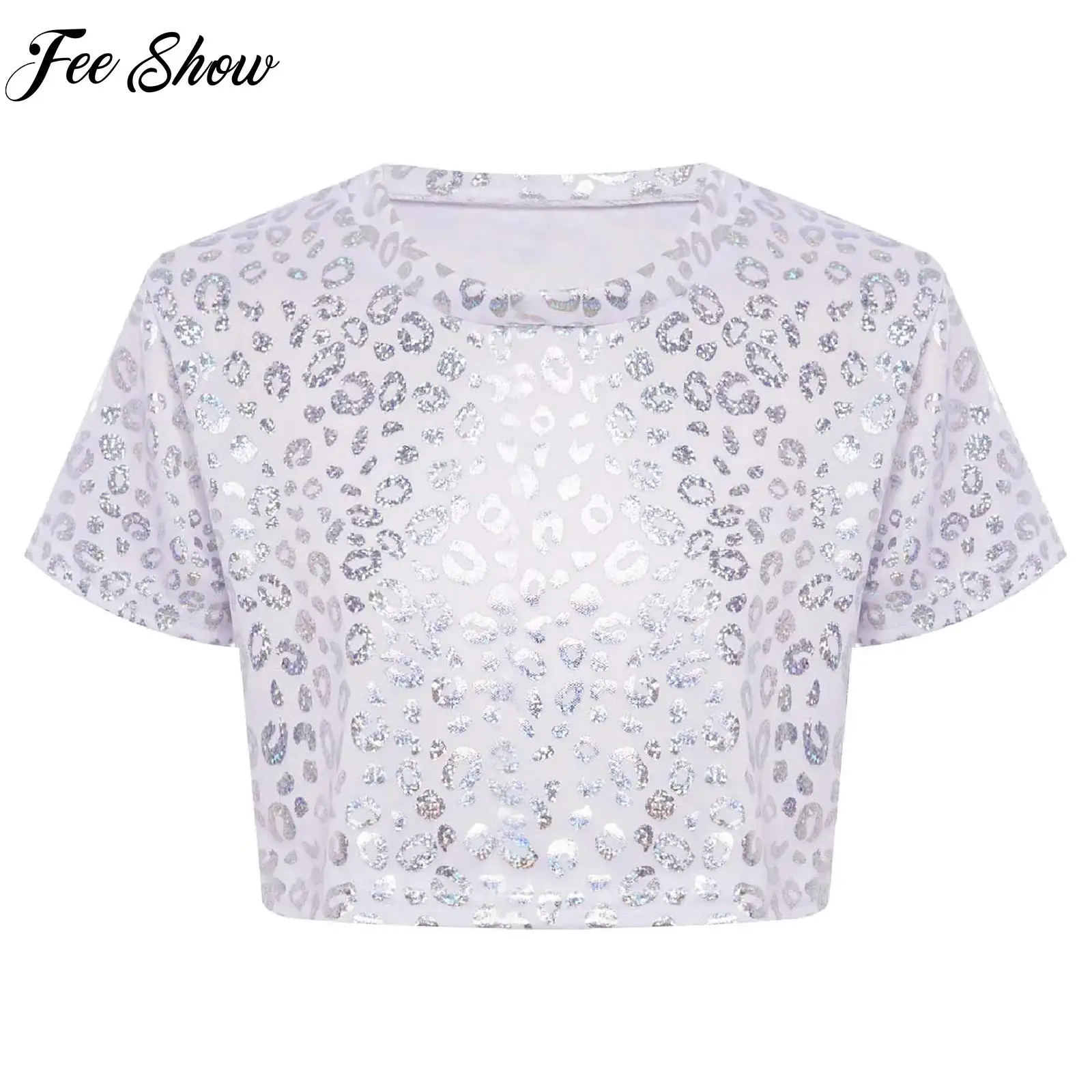 Short Sleeved Cheerleader Short Tops for Kids Girls Fashion Leopard Print Hip Hop Jazz Dance Stage Shows Performance Costume