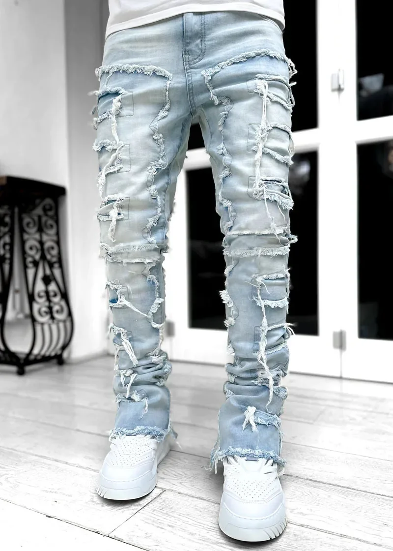 

New Fashion Stretch Jeans Man Stacked Jeans Elastic Waist Straight Fit Patchworks Denim Long Pants Fringe Ripped Jeans For Men