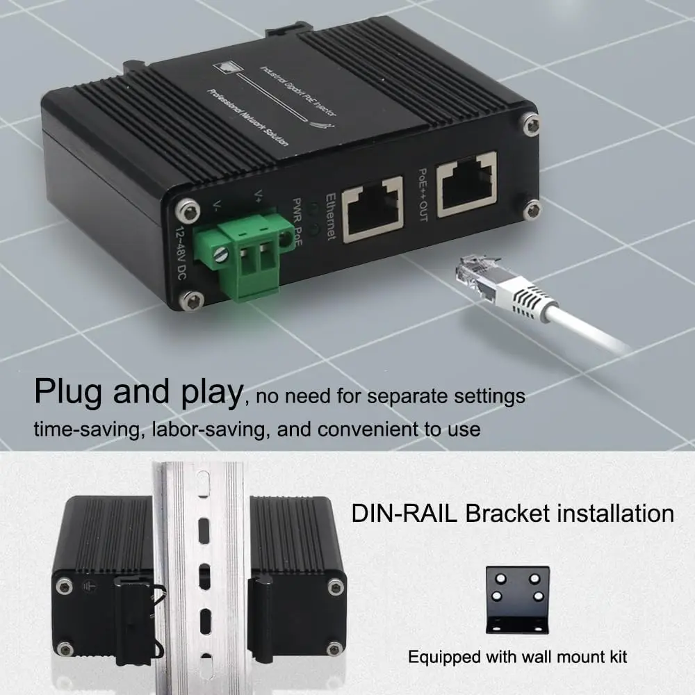 Industrial Gigabit PoE++ Injector Hardened IEEE802.3at/bt 100W PoE Adapter with 12-48VDC Input DIN-Rail and Wall Mount
