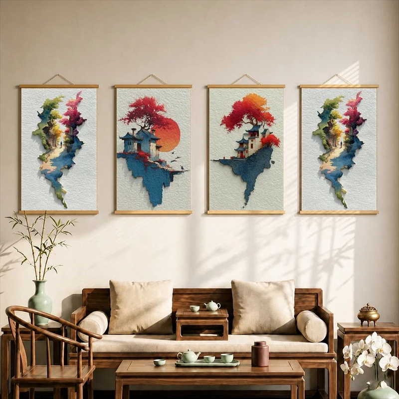 Wall Art Layered Torn Paper Landscape, Modern Abstract Pearlescent Canvas Hanging Scroll with Wooden Rods for Creative Studio