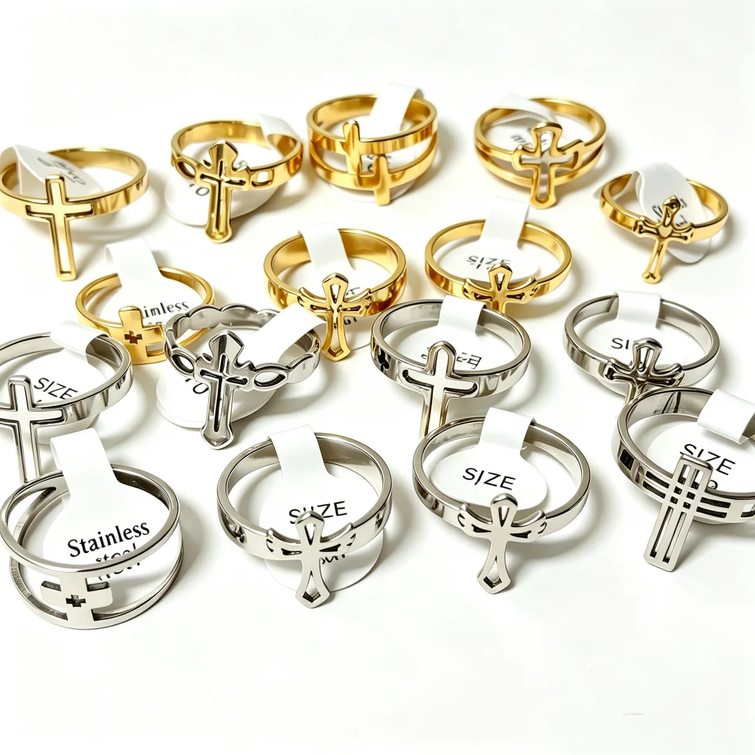 24Pcs Wholesale Cross Hollow Stainless Steel Rings Fixed Size Religious Finger Jewelry Bulk Lot For Shop Resale & Holiday Gift
