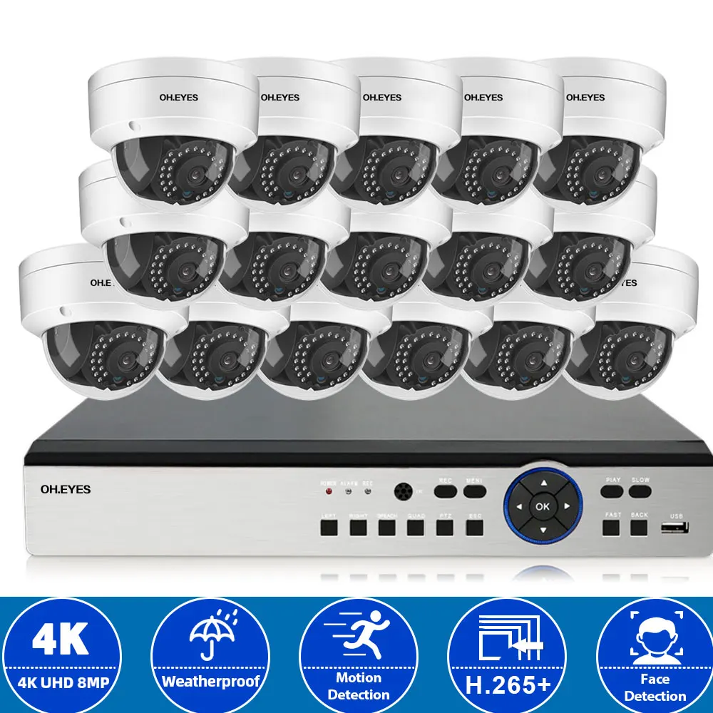 

4K AHD CCTV Dome Camera Set Outdoor 16CH DVR Kit Face Detction 8MP Home Security Surveillance Camera System 16 Channel XMEYE 8CH