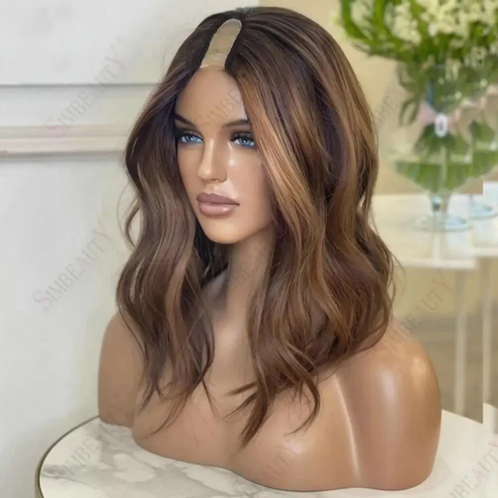 Natürliche Wellen, 1x4-Größe, U-Teil-Perücke aus Echthaar für Damen, einfach anzuziehen, mit honigbraunen Highlights, klebefreie V-förmige Perücke aus Echthaar mit Clips. – Detail 3