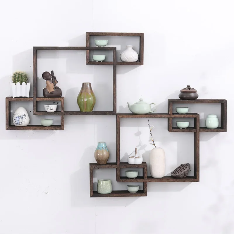 Bogu Rack Wall Solid Wood  Mounted Tea Rack Bookshelf Wall Hanging Hanging Wall Lattice Shelf Home Decorations