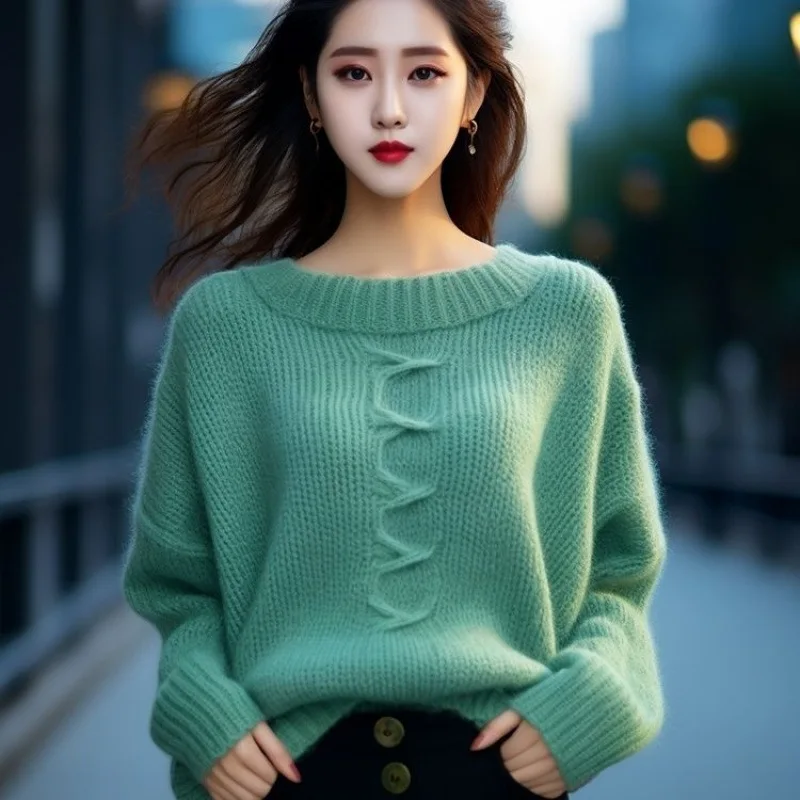 Boweylun New Solid Colour Long-sleeved Knitted Jumper Autumn and Winter Women Korean Round Neck Pullover