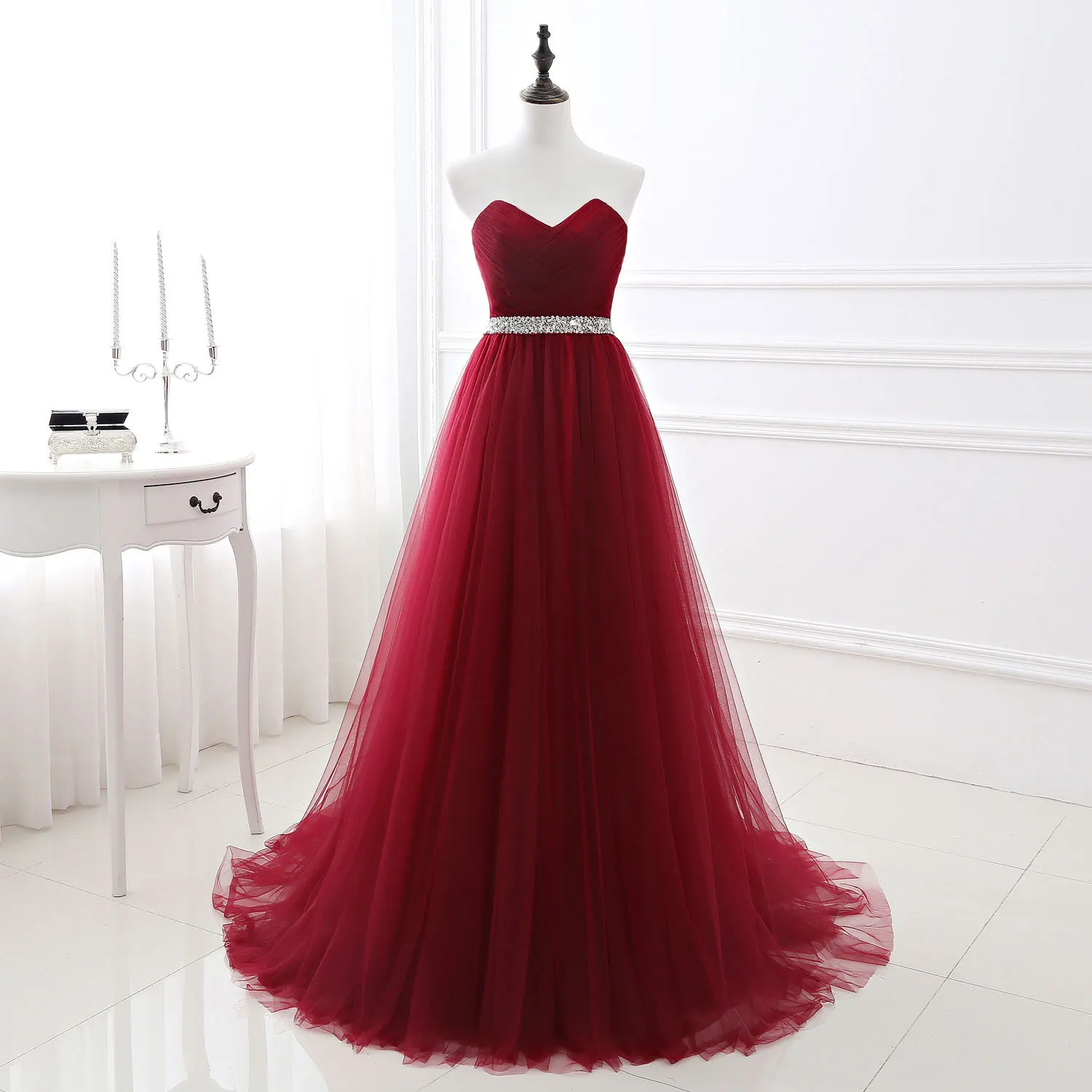 

Burgundy A Line Prom Dresses Plus Size Sweetheart Sequined Beading Sash Evening Gowns Tulle Evening Formal Party Dress 2024