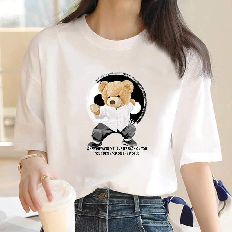 2024 Kungfu Bear Print Y2k T-shirt For Women's Summer Oversized Ladies Short Sleeved Tees Clothing Loose Pure Cotton Soft Tops