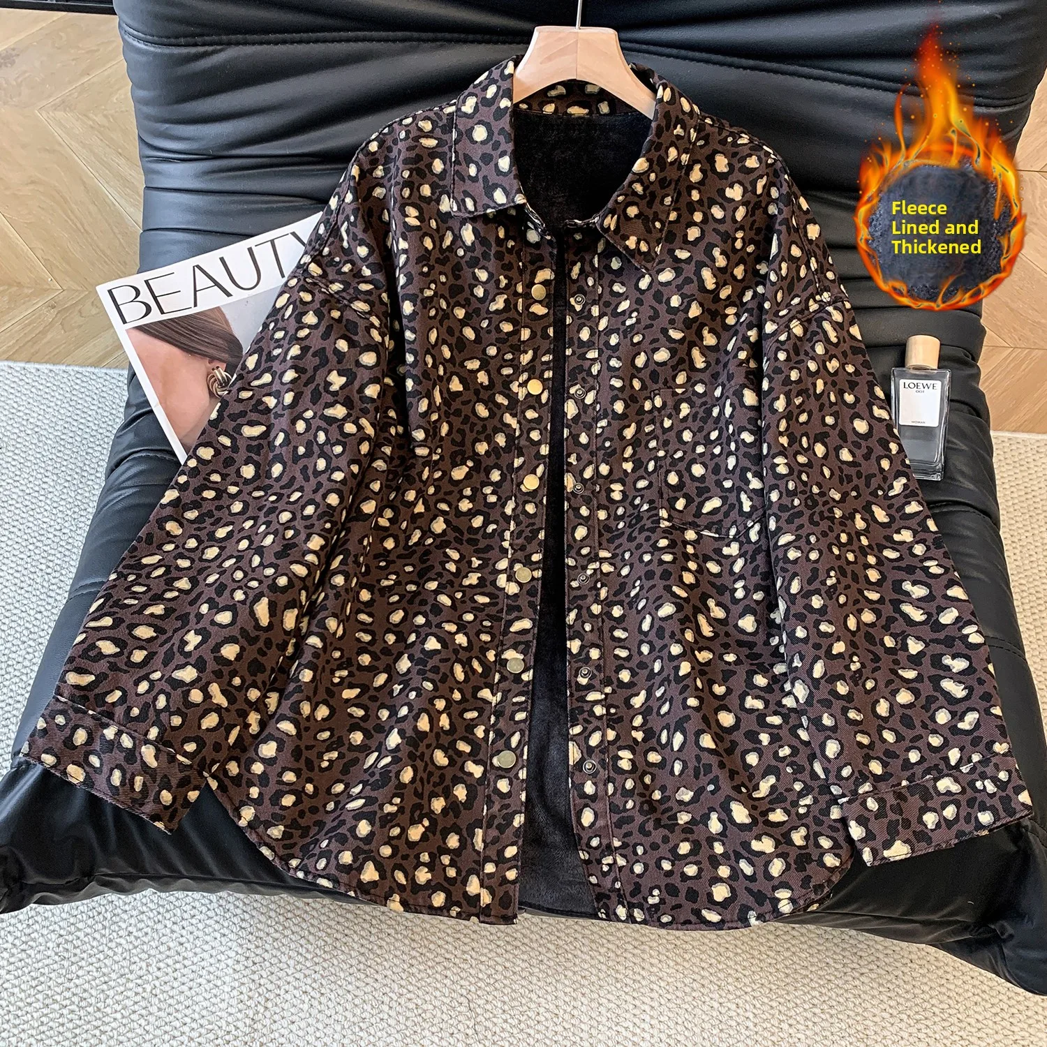 

Утягивающее джинсовое пальто Thiened Long Sve с леопардовым принтом, женское свободное повседневное джинсовое пальто Fce, осень-зима, легкий ретро