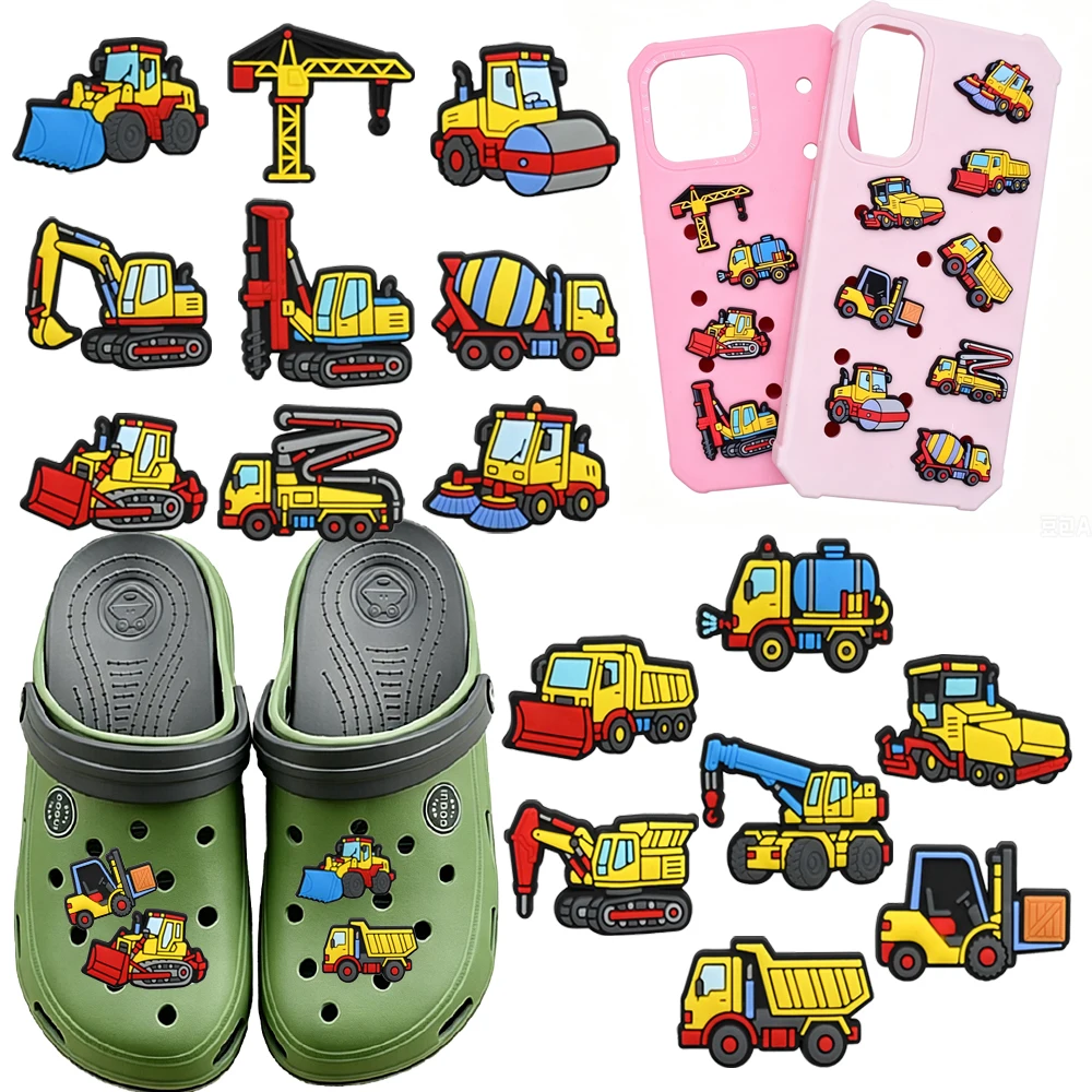 1-100pcs Cartoon Engineering Vehicle Excavator Series PVC Shoe Charms Accessories DIY Sandal Wristbands Decorations Party Gift