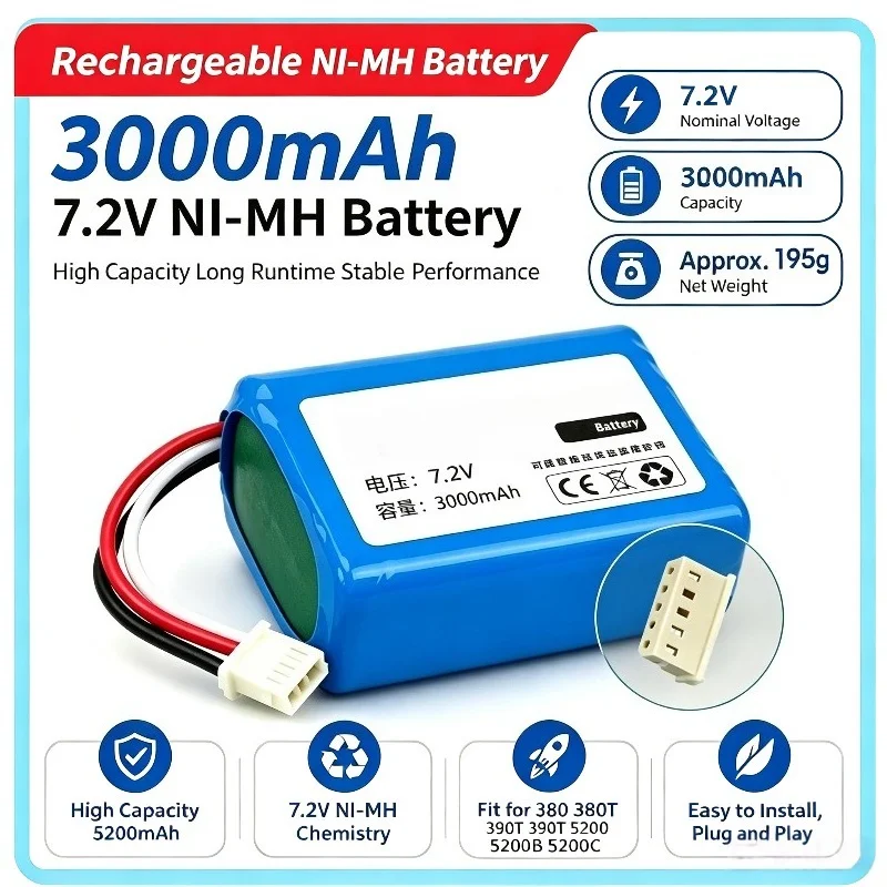 7.2V 3000mAh Battery for IRobot Braava 380 380T 390T 5200 5200B 5200C Floor Mopping Robot Cleaner Parts Replacement Battery